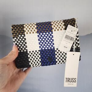 NWT Barneys New York Truss Navy / Gold Plaid Woven Plastic Wallet / Clutch
